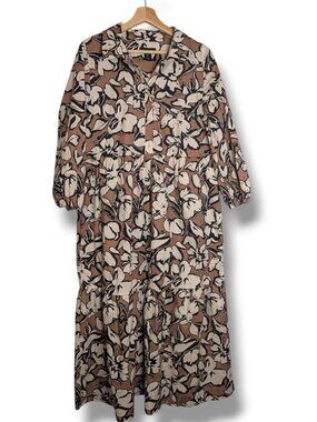 Cynthia Rowley Floral Tiered Midi Shirt Dress Tan Black White Cotton Blend Large